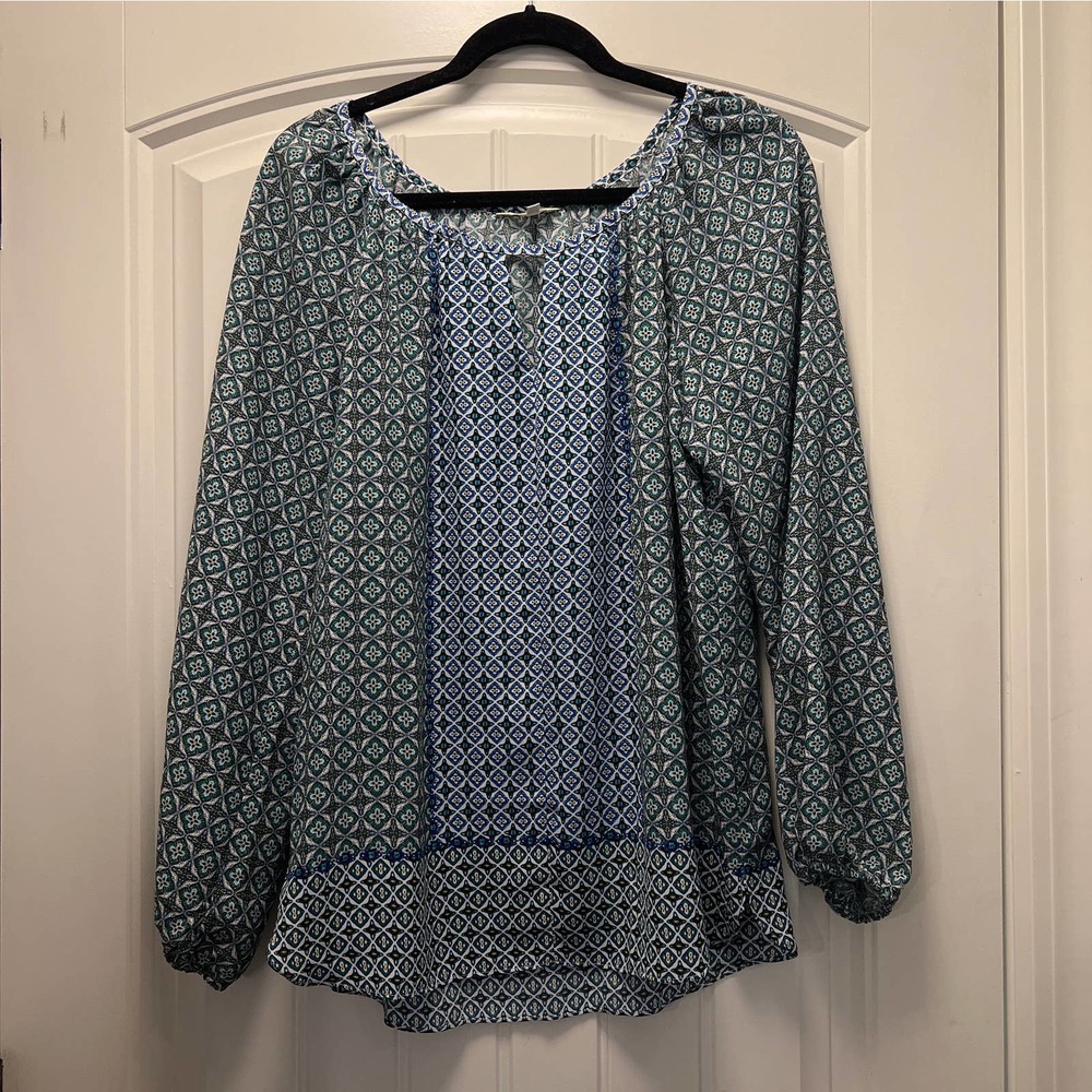 Max Studio Women’s Floral Peasant Keyhole Tunic Top Blouse‎ Size L Green Blue